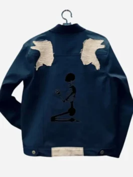 Back view of the blue denim Nicolas Cage Ghost Rider Denim Jacket showcasing full length sleeves and clean denim construction.