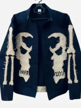 Front view of the blue denim Nicolas Cage Ghost Rider Denim Jacket detailing the shirt collar and front buttons.