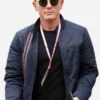 Close-up of the navy blue cotton No Time To Die Daniel Craig Blue Jacket detailing the stand up collar and zipper front.