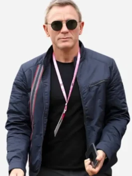 Close-up of the navy blue cotton No Time To Die Daniel Craig Blue Jacket detailing the stand up collar and zipper front.