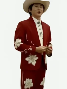 Red suiting fabric Nope 2022 Steven Yeun Red Suit featuring a shawl lapel collar and sleek button closure.