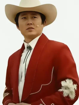 Red suiting fabric trousers from the Nope Steven Yeun Red Suit detailing two convenient side pockets.