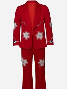 Front view of the red suiting fabric blazer from the Nope Steven Yeun Red Suit highlighting the shawl lapel and full length sleeves.
