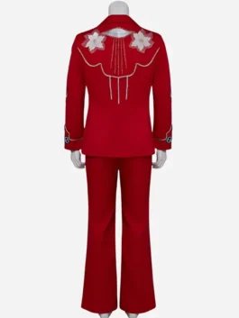 Complete red suiting fabric Nope Steven Yeun Ricky Jupe Park Red Suit showcasing the shawl lapel blazer and matching red pants.