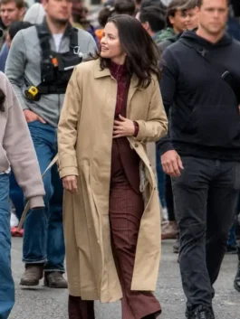Beige cotton Selena Gomez Only Murders In The Building S06 Trench Coat featuring a shirt style collar and belted button closure.