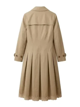 Back view of the beige cotton Selena Gomez Only Murders In The Building S06 Trench Coat showcasing full length sleeves and clean trench design.