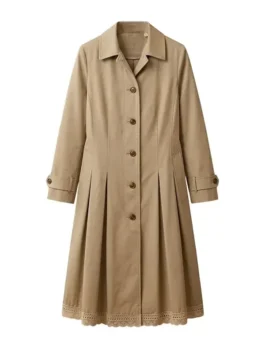 Front view of the beige cotton Selena Gomez Only Murders In The Building S06 Trench Coat detailing the shirt collar and front belt detail.