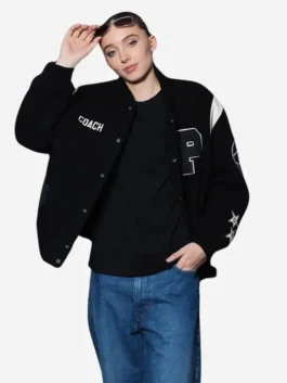 Black wool Paige Bueckers Black Varsity Jacket detailing four functional storage pockets.