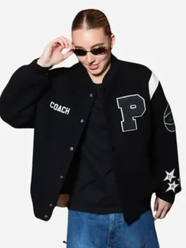 Black wool Paige Bueckers Black Varsity Jacket highlighting the classic button front and rib knitted trim.