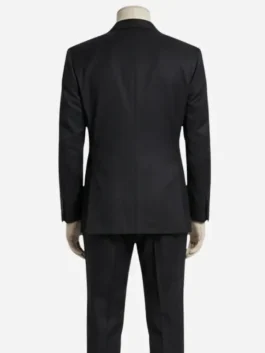 Back view of the black suiting fabric Tribeca Event Hadestown Patrick Page Suit showing full length blazer sleeves and trousers.