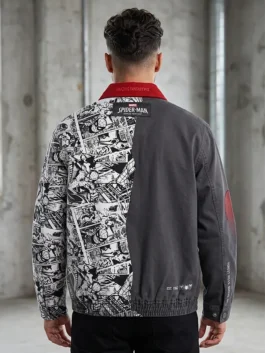 Back view of the multicolor cotton Spider-Man Parker Workwear Jacket showing full length sleeves and a structured fit.