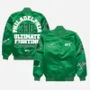 Green satin Philadelphia UFC 330 Satin Bomber Jacket featuring a rib knitted collar and front button closure.