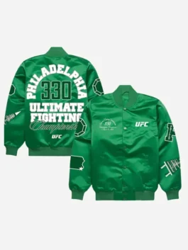 Green satin Philadelphia UFC 330 Satin Bomber Jacket featuring a rib knitted collar and front button closure.