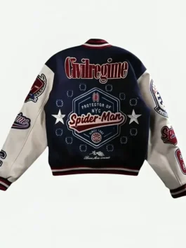 Back view of the navy wool and butter leather Protector Of NYC Navy and Butter Jacket showing clean athletic lines and contrast sleeves.