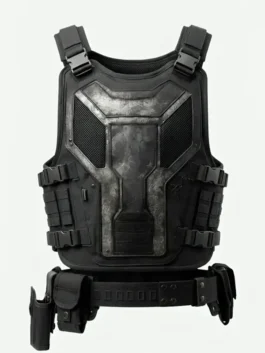 Back view of the black real leather Spider-Man Brand New Day Punisher Vest showcasing a sleek tactical cut and durable leather finish.