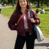 Maroon real leather Below Ruby Stokes Maroon Leather Jacket highlighting four practical storage pockets.