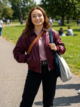 Maroon real leather Below Ruby Stokes Maroon Leather Jacket highlighting four practical storage pockets.