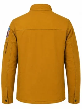 Yellow cotton Mayday 2026 Ryan Reynolds Flight Jacket highlighting the stand up collar and zipper front.