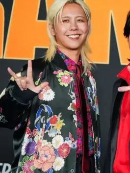 Black satin Ryoka Fujisawa Spider-Man Premiere Jacket featuring a rib knitted collar and floral pattern design.