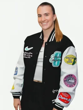 Close-up of the black and white wool and PU leather Sabrina Ionescu Any Time Any Where Varsity Jacket showcasing the rib knitted collar and sleek monochrome finish.