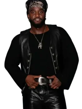 Front view of the black real leather The Tonight Show Shaboozey Leather Vest featuring a collarless style and button zipper front closure.