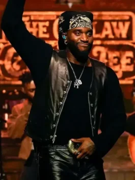 Black real leather The Tonight Show Shaboozey Leather Vest showcasing full length sleeves and a sleek tailored leather finish.