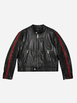 Front view of the black real leather Shai World Cup 2026 Final Biker Jacket featuring an erect collar and zipper front closure.