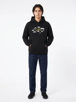 Black fleece Shoe Palace x The Simpsons Clouds Pullover Hoodie featuring a hooded collar and kangaroo pocket.