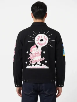 Back view of the black cotton The Simpsons x Shoe Palace Donuts Jacket featuring full length sleeves and clean workwear construction.