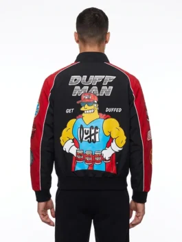 Black and red cotton The Simpsons x Shoe Palace Duff Man Racing Jacket featuring a stand up collar and front zipper closure.