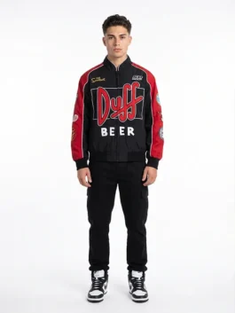 Black and red cotton The Simpsons x Shoe Palace Duff Man Racing Jacket showcasing full length sleeves and rib knitted cuffs.