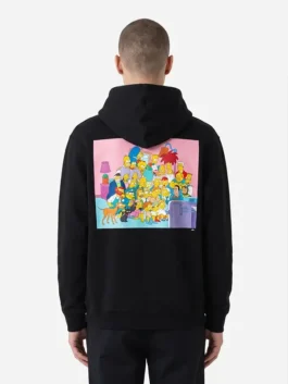 Black fleece Shoe Palace x The Simpsons Clouds Pullover Hoodie showcasing full length sleeves and a spacious kangaroo pocket.