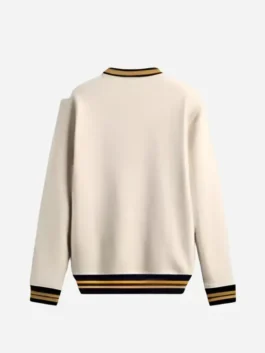 Back view of the beige polyester My Daughters Father Sidney Robote Sweater showing a clean knit pattern and full length sleeves.