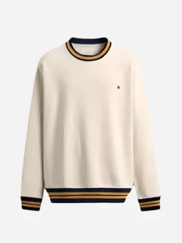 Front view of the beige polyester My Daughters Father Sidney Robote Sweater highlighting the pullover design and rib knitted trim.