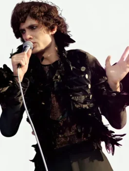 Black velvet Lollapalooza Sombr Black Jacket highlighting the stand up collar structure.