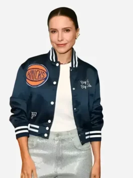 Close-up of the blue satin Sophia Bush Knicks Blue Satin Varsity Jacket detailing the rib knitted collar and snap tab front.