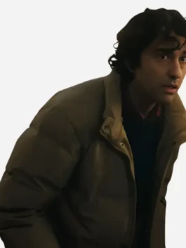 Beige parachute Jumanji Open World Alex Wolff Puffer Jacket highlighting the stand up collar and front closure.