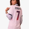 Back view of the multicolor polyester Spider-Man PSG Zendaya Jersey showing the clean athletic drape and half sleeves.