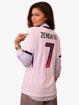 Back view of the multicolor polyester Spider-Man PSG Zendaya Jersey showing the clean athletic drape and half sleeves.