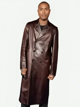 Front view of the brown real leather Spider Man 2026 Premiere Steve Lacy Coat showcasing full length sleeves and a buttoned front.