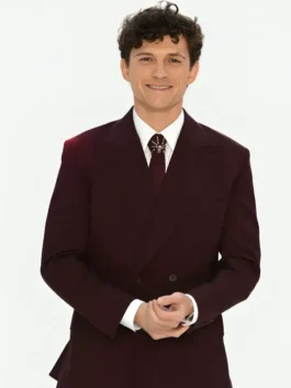 Burgundy suiting fabric SpiderMan 2026 Premiere Tom Holland Suit featuring a lapel collar and button closure.
