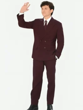 Burgundy suiting fabric SpiderMan 2026 Premiere Tom Holland Suit detailing the lapel collar blazer and matching burgundy pants.