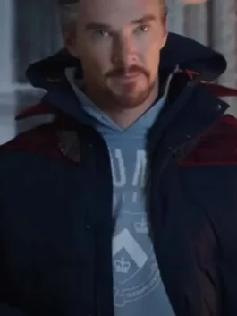 Blue parachute Spider-Man Benedict Cumberbatch Jacket showcasing full length sleeves and a padded puffer design.