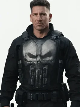 Black real leather Spider-Man Brand New Day Punisher Vest featuring a collarless style and front adjustable buckles.
