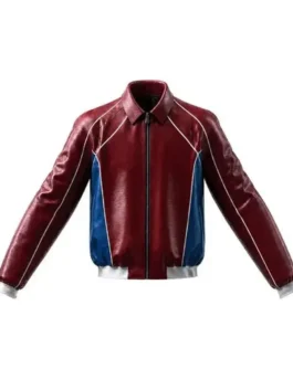 Front view of the burgundy and blue real leather SpiderMan Tom Holland Burgundy Leather Jacket featuring a shirt style collar and zipper closure.