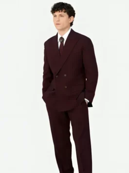Close-up of the burgundy suiting fabric SpiderMan 2026 Premiere Tom Holland Suit showcasing the blazer button closure and rich color tone.