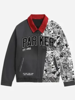 Front view of the multicolor cotton Spider-Man Parker Workwear Jacket detailing four functional storage pockets.