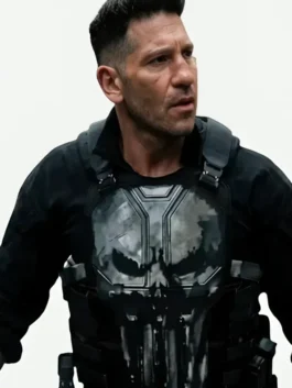 Black real leather Spider-Man Brand New Day Punisher Vest detailing two functional outside storage pockets.