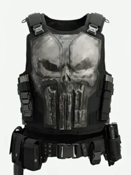 Front view of the black real leather Spider-Man Brand New Day Punisher Vest highlighting the adjustable strap closure and two front pockets.