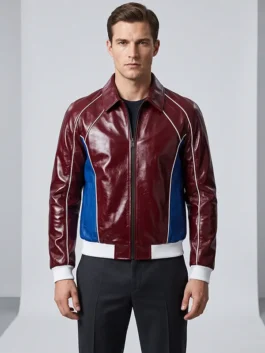Burgundy and blue real leather SpiderMan Tom Holland Burgundy Leather Jacket showcasing full length sleeves and flexible rib knitted cuffs.